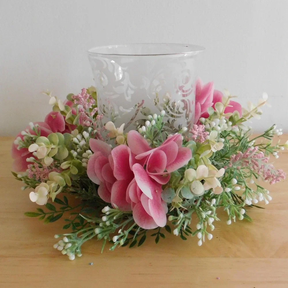Pink Hydrangea Mini Wreath, Candle‎ Ring, Cottagecore, Farmhouse, Spring Summer